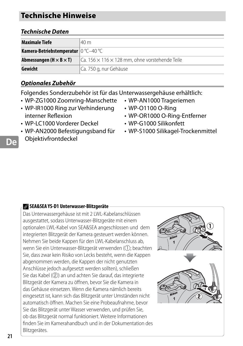 Technische hinweise, Technische daten, Optionales zubehör | Nikon WP-N2 User Manual | Page 88 / 260