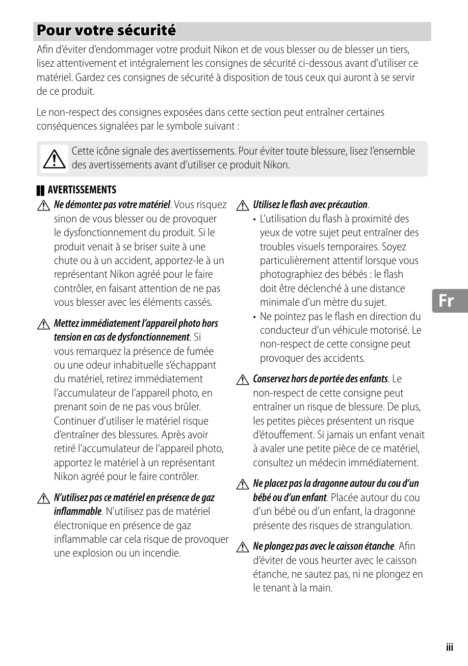 Pour votre sécurité | Nikon WP-N2 User Manual | Page 91 / 260