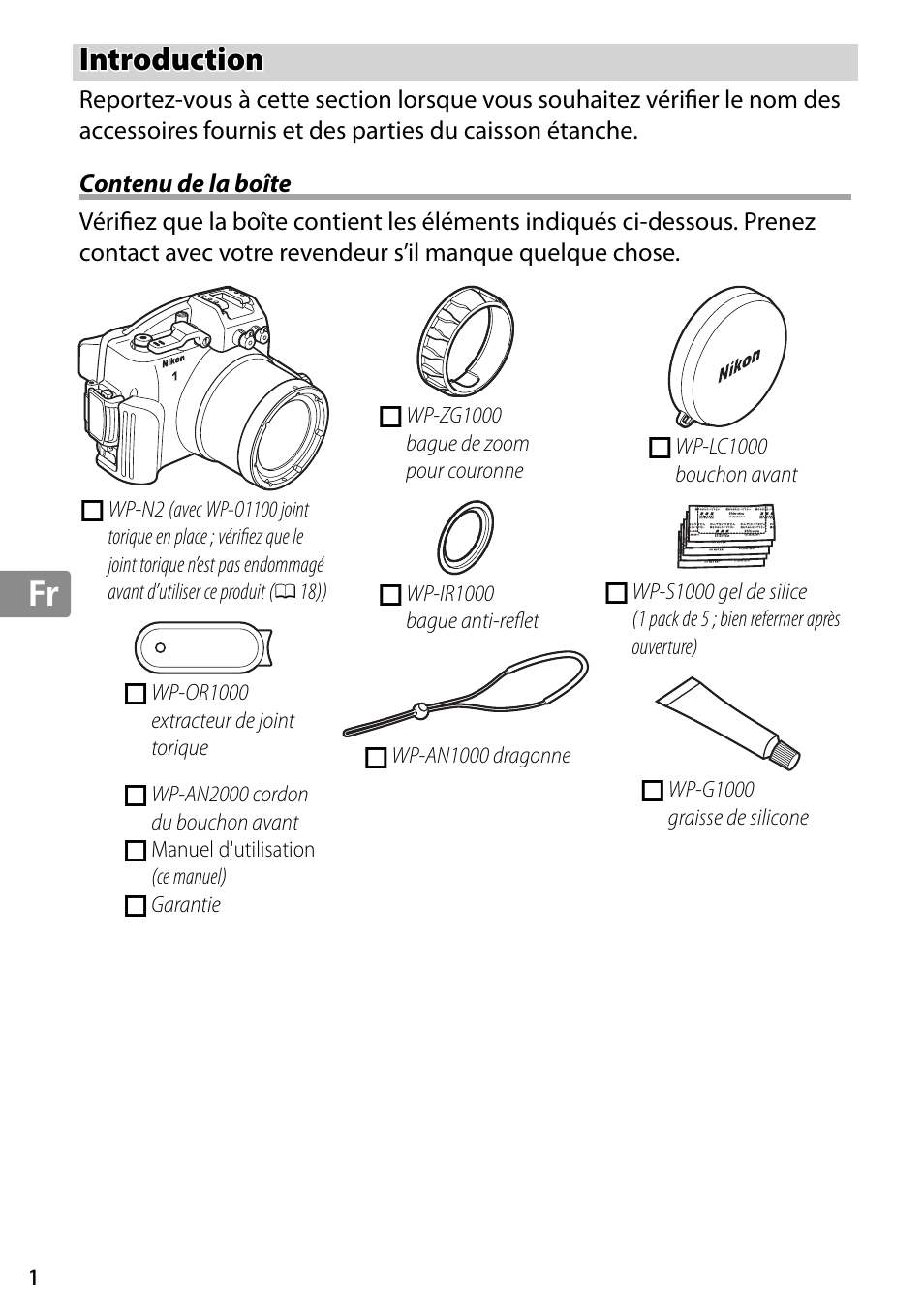 Introduction, Contenu de la boîte | Nikon WP-N2 User Manual | Page 96 / 260