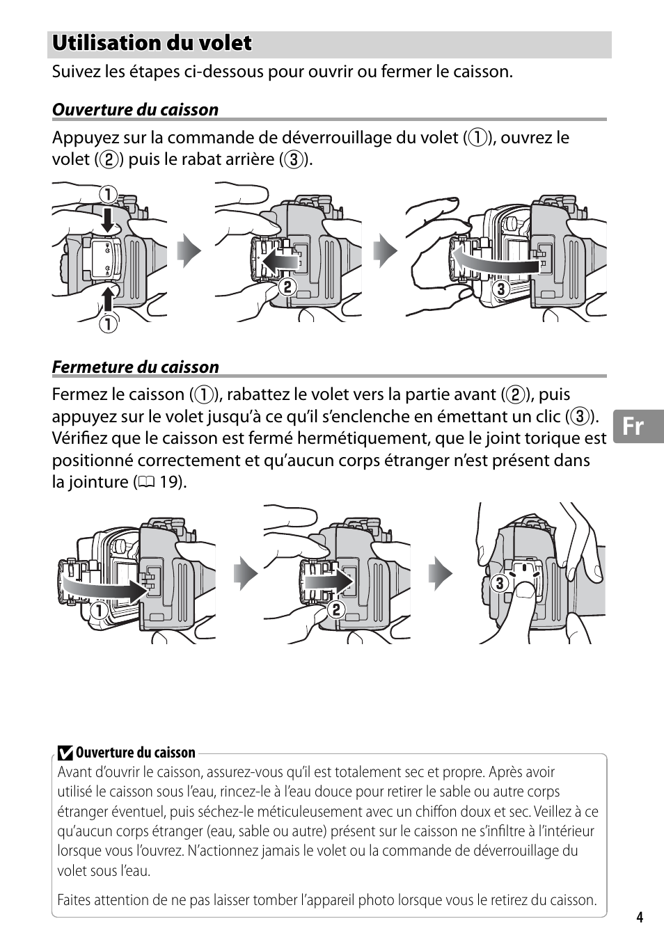 Utilisation du volet, Ouverture du caisson, Fermeture du caisson | Nikon WP-N2 User Manual | Page 99 / 260