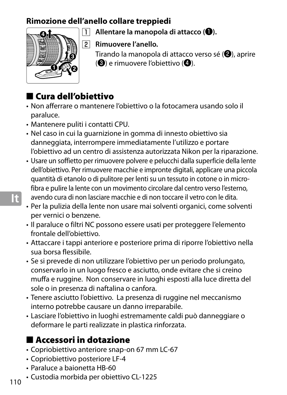 Rimozione dell’anello collare treppiedi, Cura dell’obiettivo, Accessori in dotazione | Nikon 70-200mm-f4G-ED-AF-S-VR-Zoom-Nikkor User Manual | Page 110 / 220