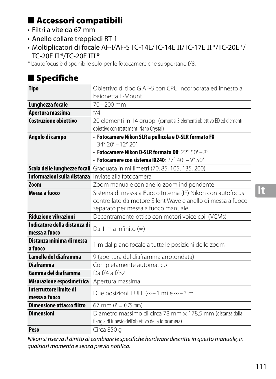 Accessori compatibili, Specifiche | Nikon 70-200mm-f4G-ED-AF-S-VR-Zoom-Nikkor User Manual | Page 111 / 220