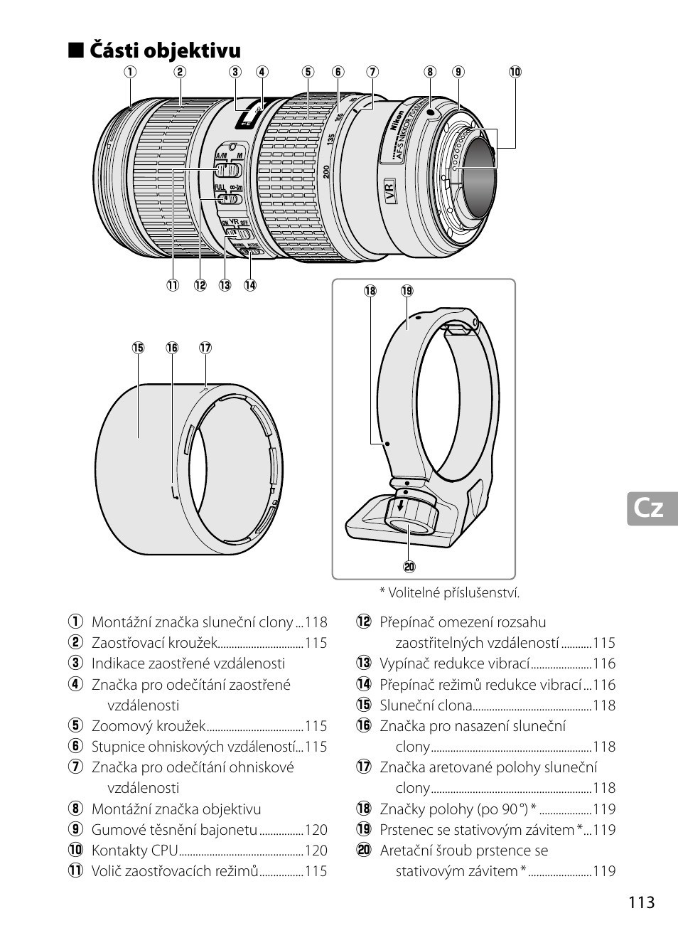 Části objektivu | Nikon 70-200mm-f4G-ED-AF-S-VR-Zoom-Nikkor User Manual | Page 113 / 220