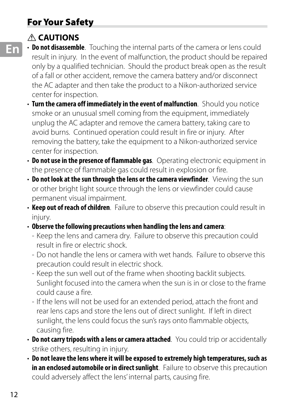 For your safety, Cautions | Nikon 70-200mm-f4G-ED-AF-S-VR-Zoom-Nikkor User Manual | Page 12 / 220