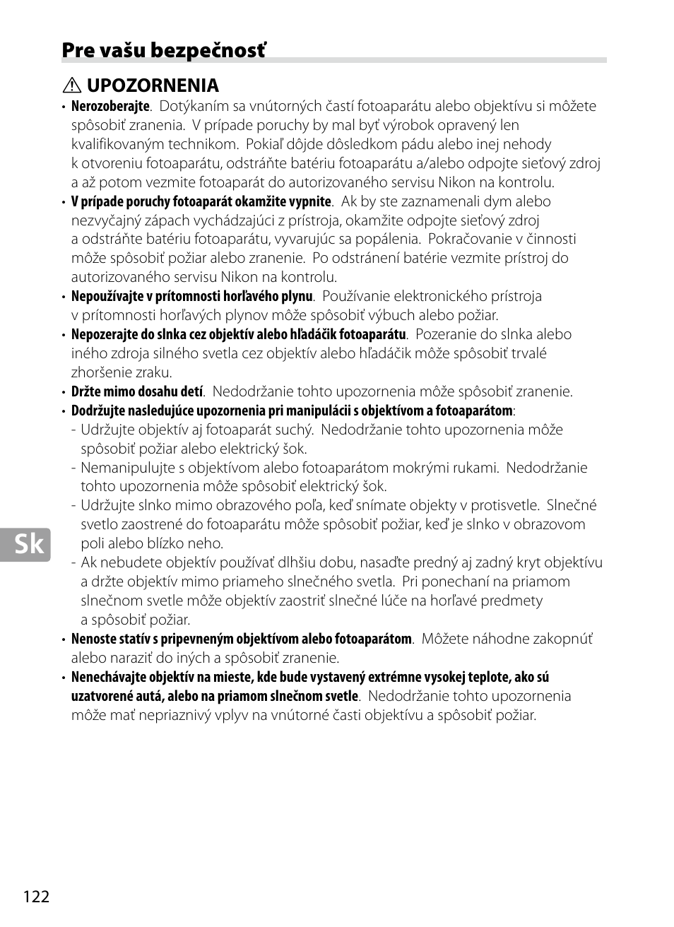 Pre vašu bezpečnosť, Upozornenia | Nikon 70-200mm-f4G-ED-AF-S-VR-Zoom-Nikkor User Manual | Page 122 / 220