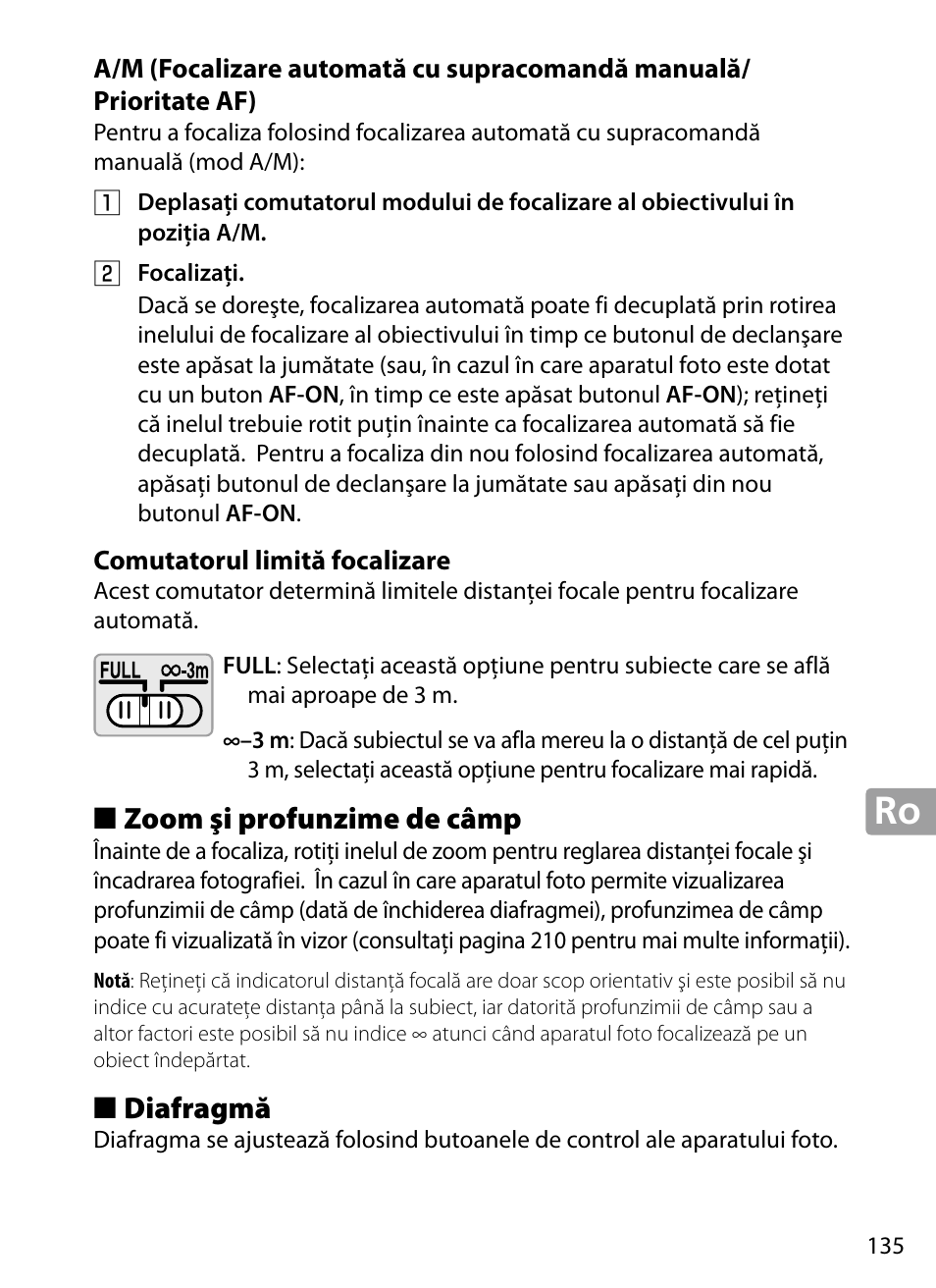 Comutatorul limită focalizare, Zoom şi profunzime de câmp, Diafragmă | Nikon 70-200mm-f4G-ED-AF-S-VR-Zoom-Nikkor User Manual | Page 135 / 220