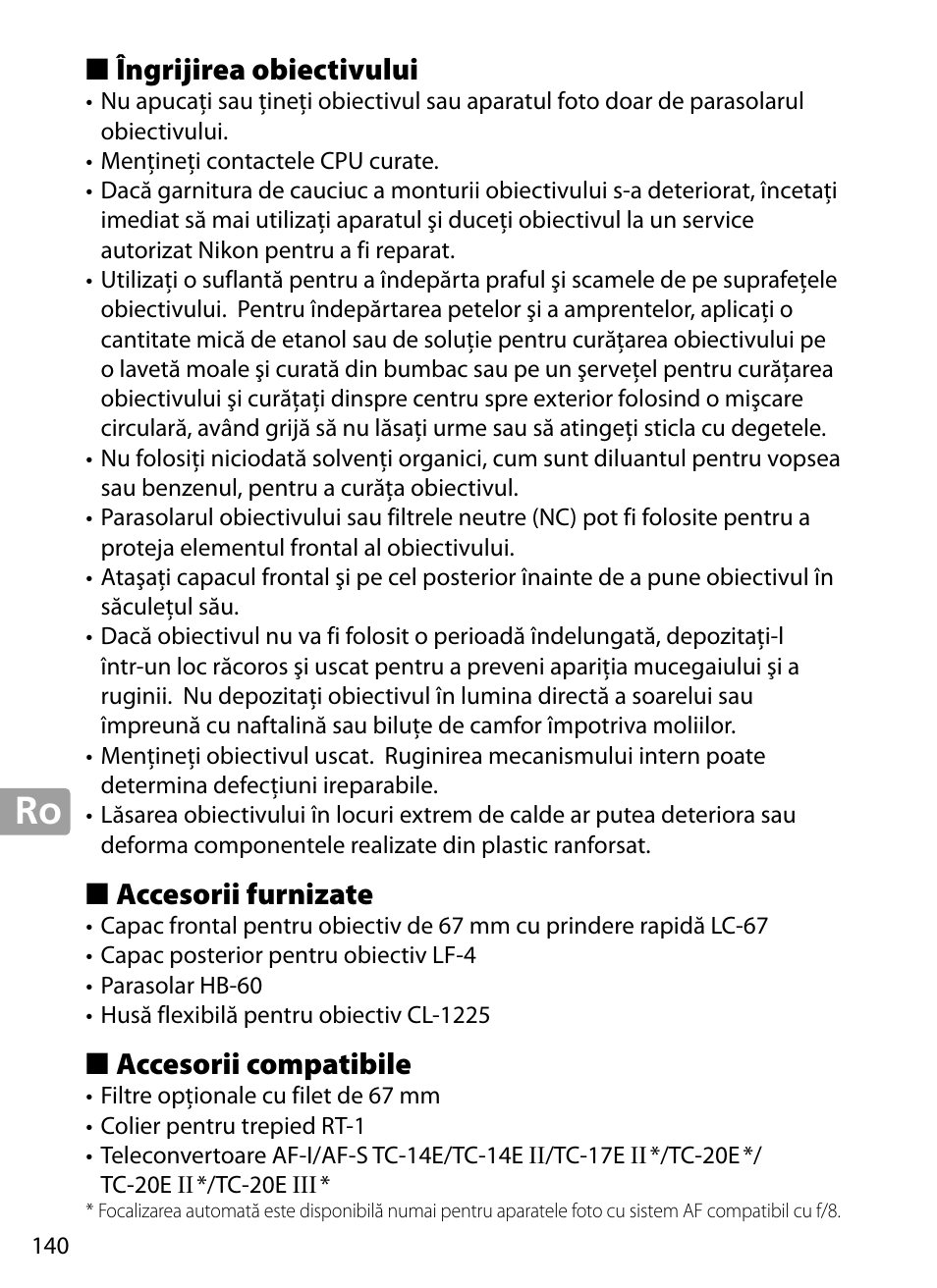 Îngrijirea obiectivului, Accesorii furnizate, Accesorii compatibile | Nikon 70-200mm-f4G-ED-AF-S-VR-Zoom-Nikkor User Manual | Page 140 / 220