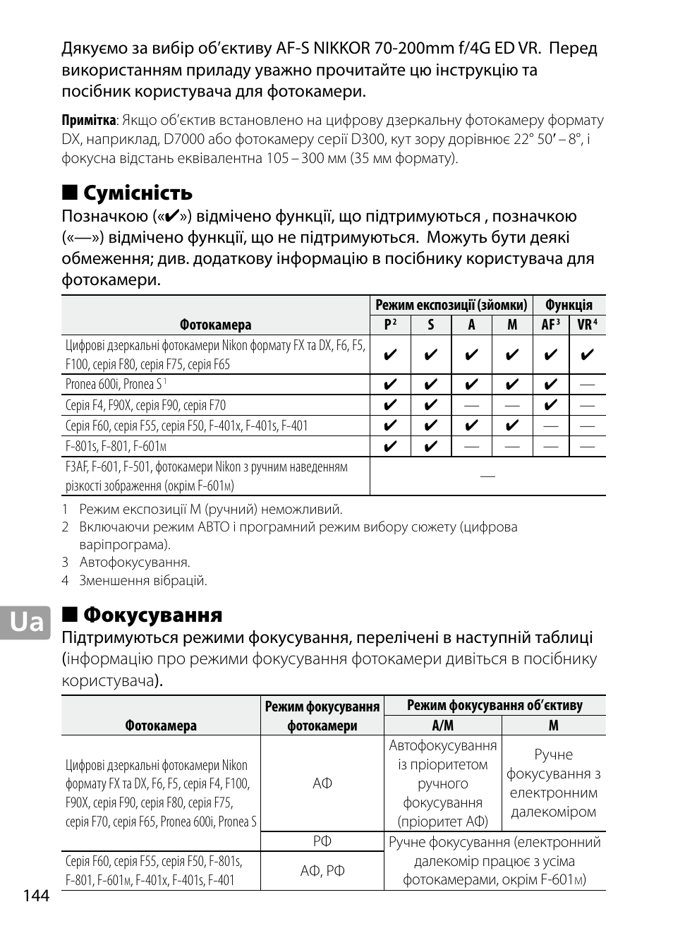Сумісність, Фокусування | Nikon 70-200mm-f4G-ED-AF-S-VR-Zoom-Nikkor User Manual | Page 144 / 220