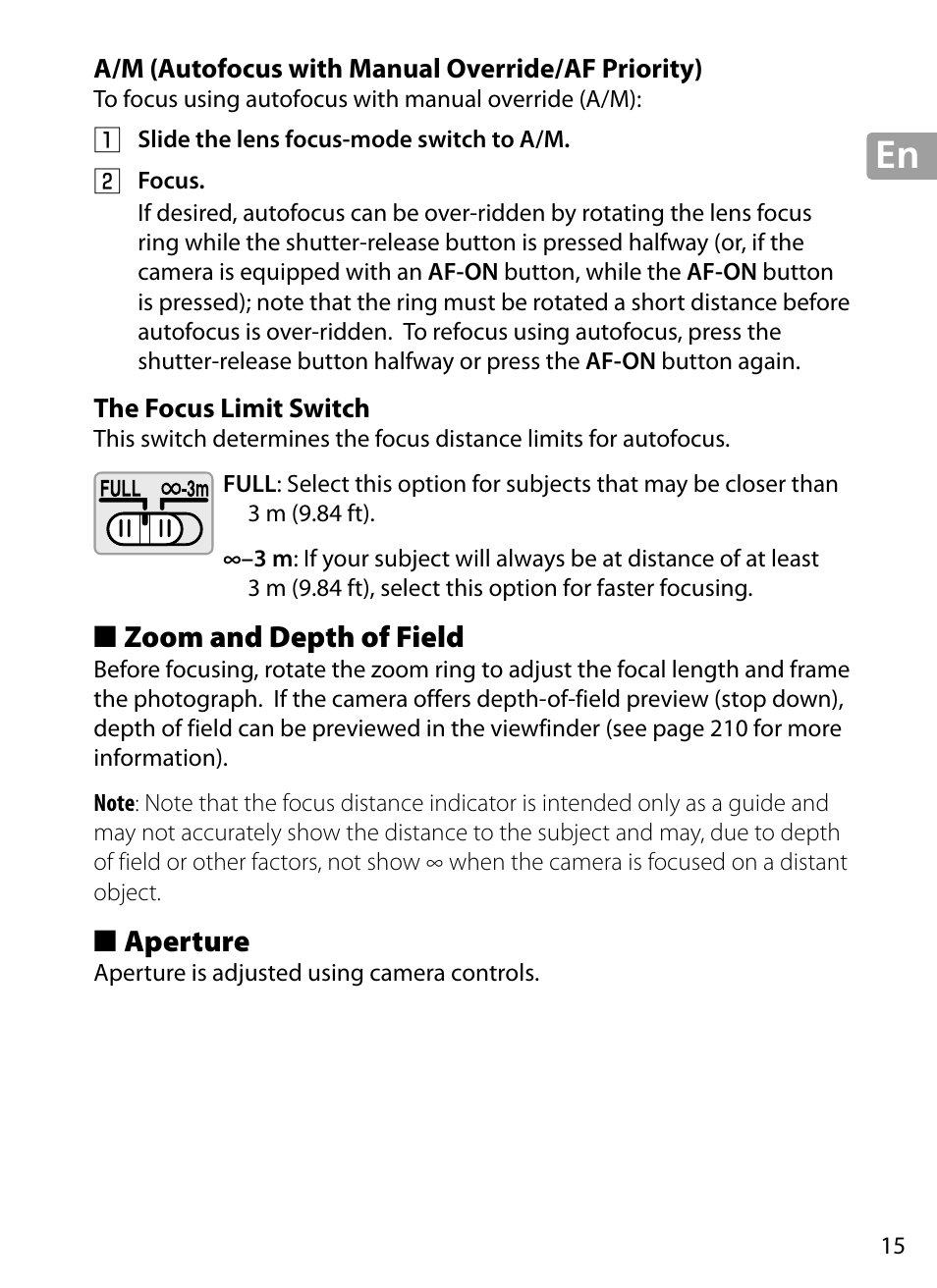 A/m (autofocus with manual override/af priority), The focus limit switch, Zoom and depth of field | Aperture | Nikon 70-200mm-f4G-ED-AF-S-VR-Zoom-Nikkor User Manual | Page 15 / 220
