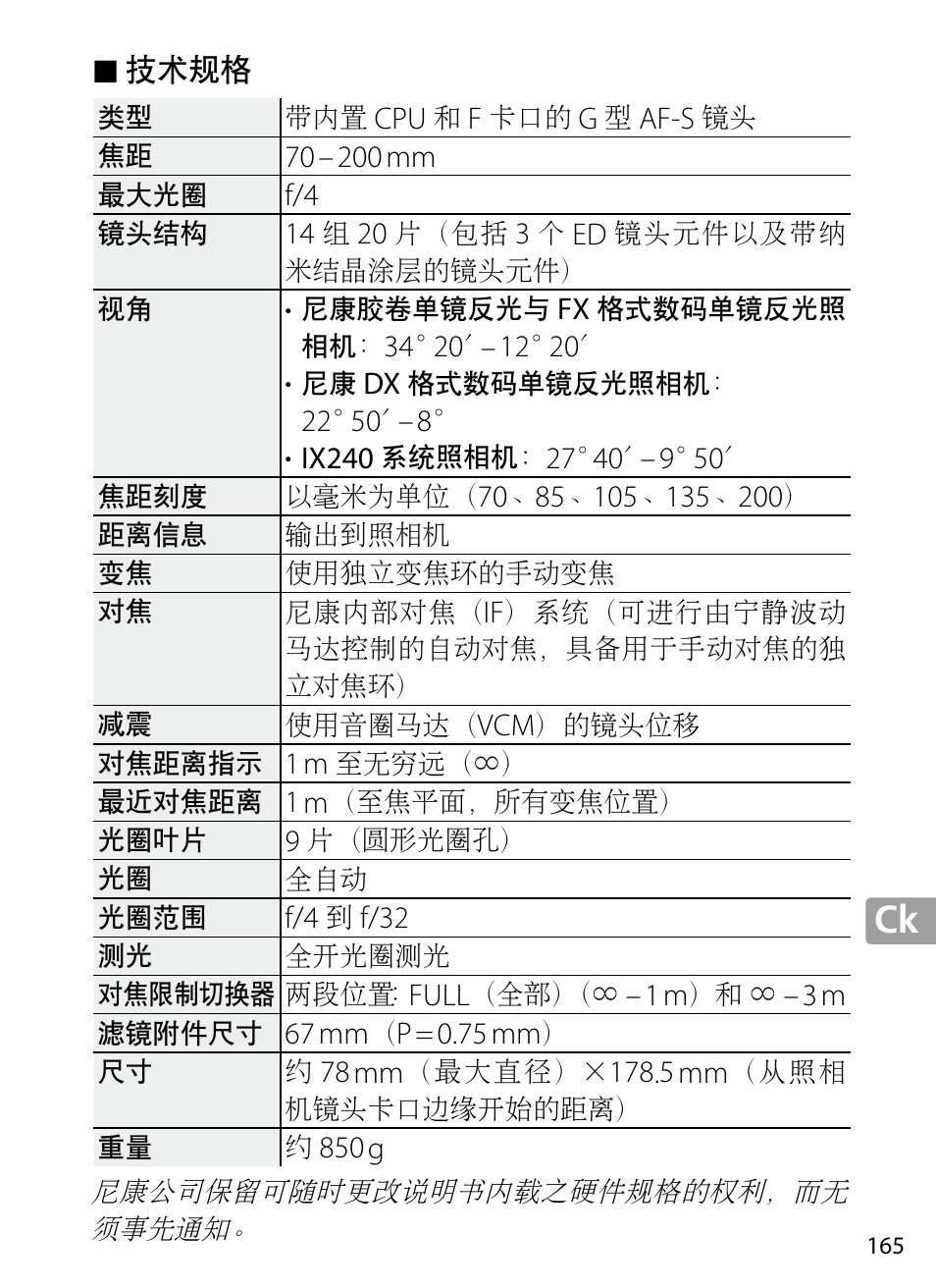 技术规格 | Nikon 70-200mm-f4G-ED-AF-S-VR-Zoom-Nikkor User Manual | Page 165 / 220