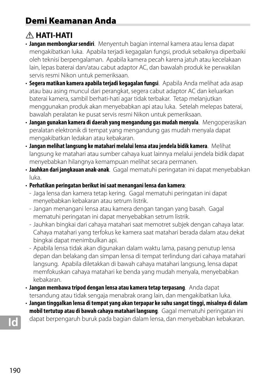 Demi keamanan anda, Hati-hati | Nikon 70-200mm-f4G-ED-AF-S-VR-Zoom-Nikkor User Manual | Page 190 / 220