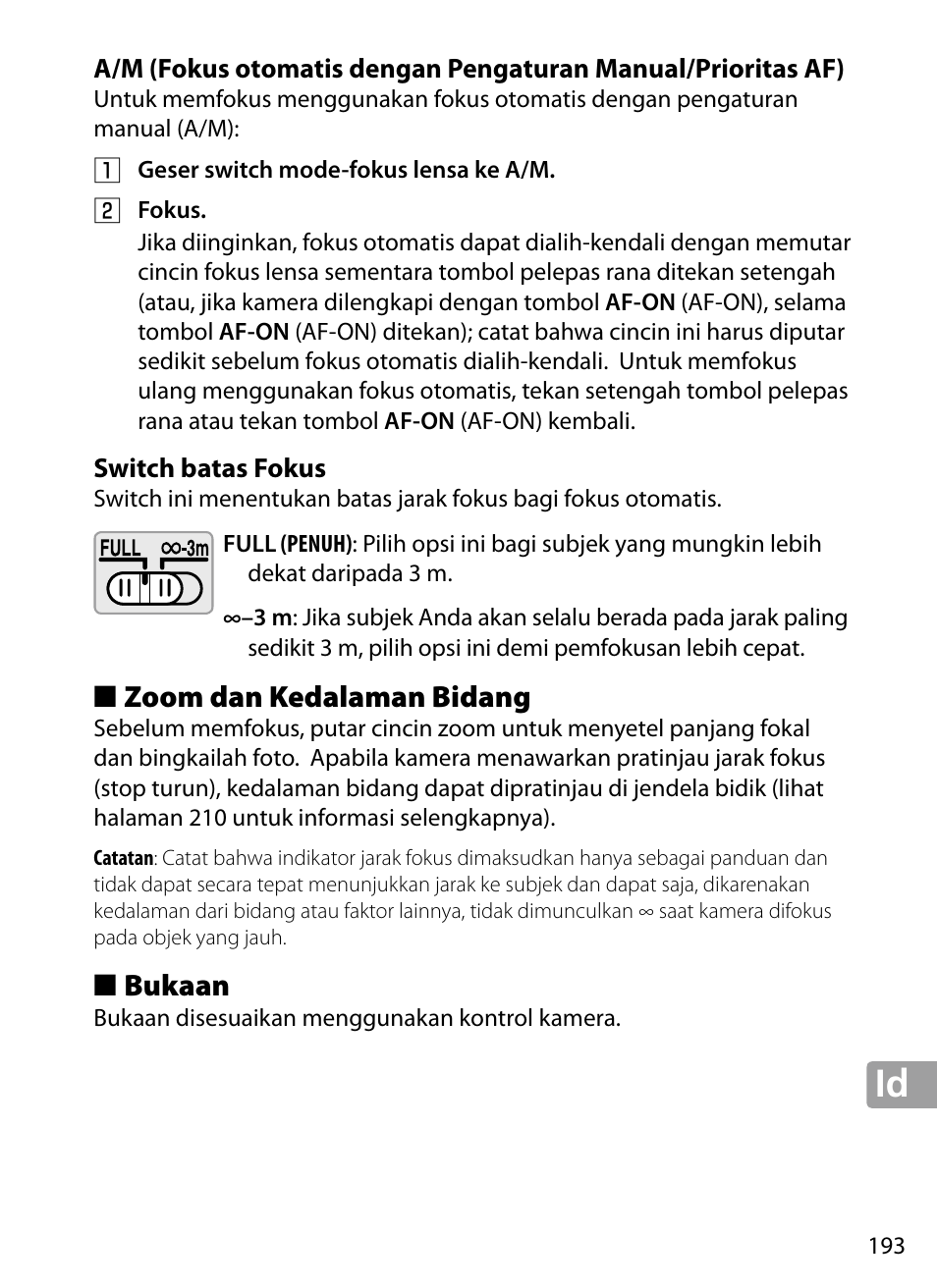 Switch batas fokus, Zoom dan kedalaman bidang, Bukaan | Nikon 70-200mm-f4G-ED-AF-S-VR-Zoom-Nikkor User Manual | Page 193 / 220