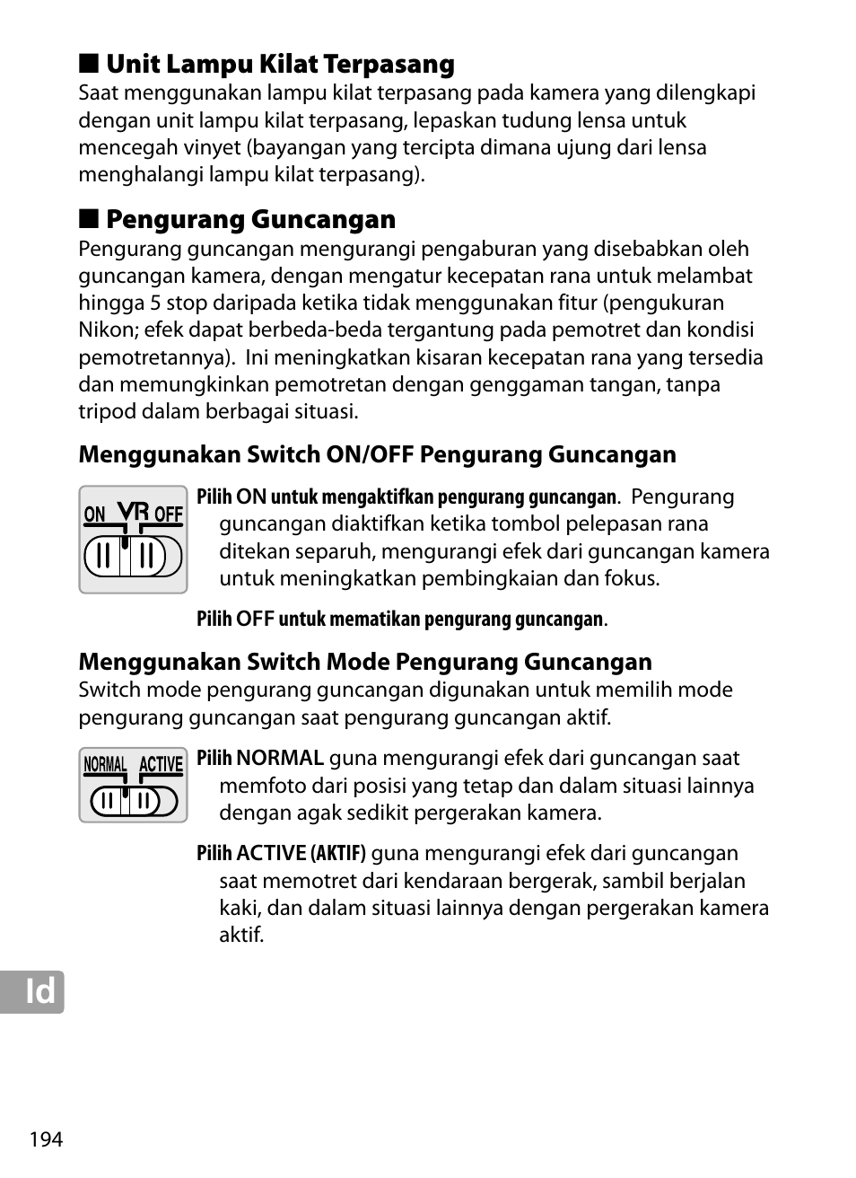 Unit lampu kilat terpasang, Pengurang guncangan, Menggunakan switch on/off pengurang guncangan | Menggunakan switch mode pengurang guncangan | Nikon 70-200mm-f4G-ED-AF-S-VR-Zoom-Nikkor User Manual | Page 194 / 220