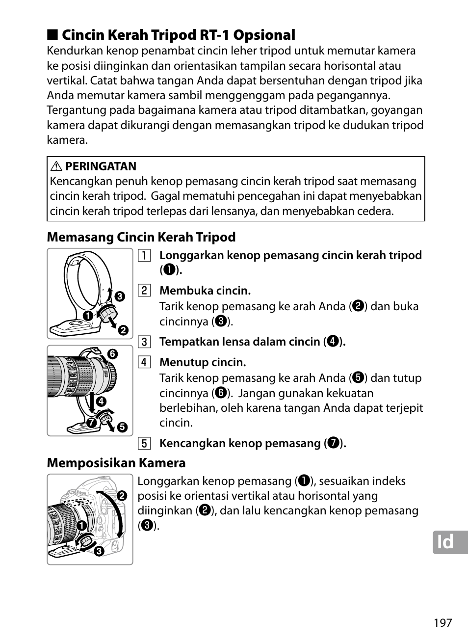 Cincin kerah tripod rt‑1 opsional, Memasang cincin kerah tripod, Memposisikan kamera | Cincin kerah tripod rt-1 opsional | Nikon 70-200mm-f4G-ED-AF-S-VR-Zoom-Nikkor User Manual | Page 197 / 220
