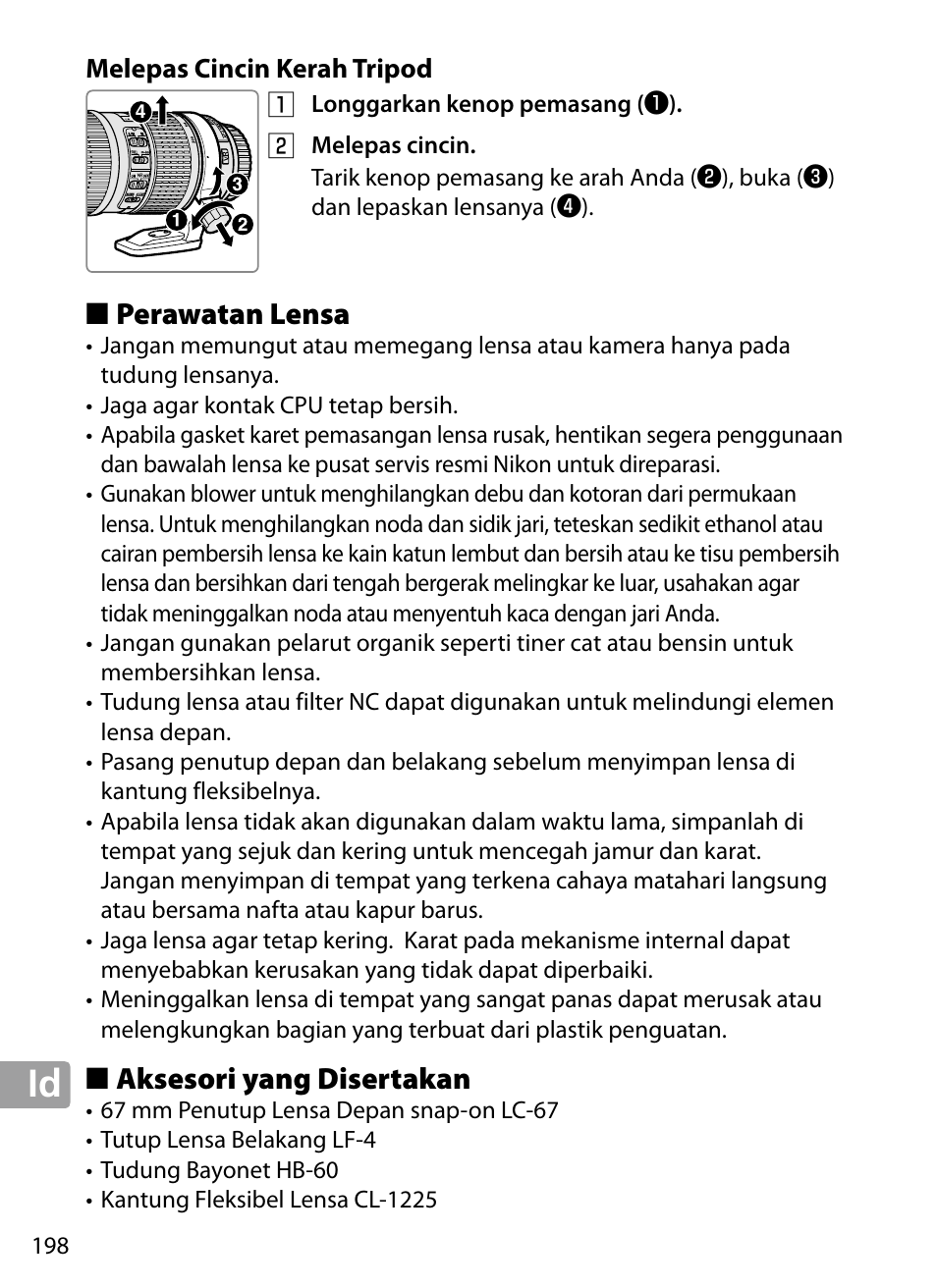 Melepas cincin kerah tripod, Perawatan lensa, Aksesori yang disertakan | Nikon 70-200mm-f4G-ED-AF-S-VR-Zoom-Nikkor User Manual | Page 198 / 220