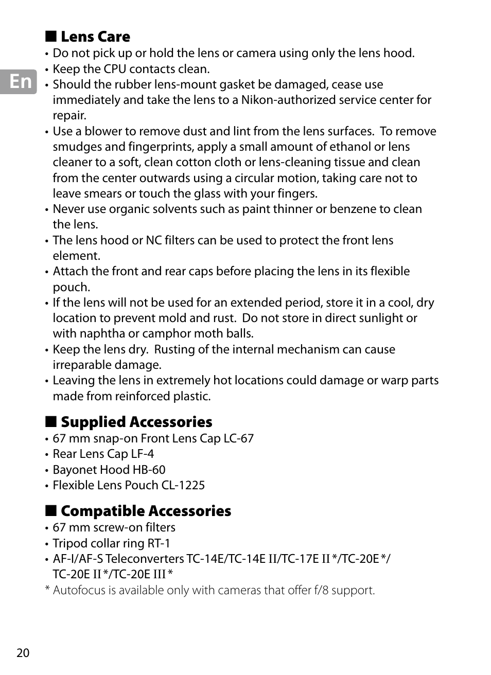 Lens care, Supplied accessories, Compatible accessories | Nikon 70-200mm-f4G-ED-AF-S-VR-Zoom-Nikkor User Manual | Page 20 / 220