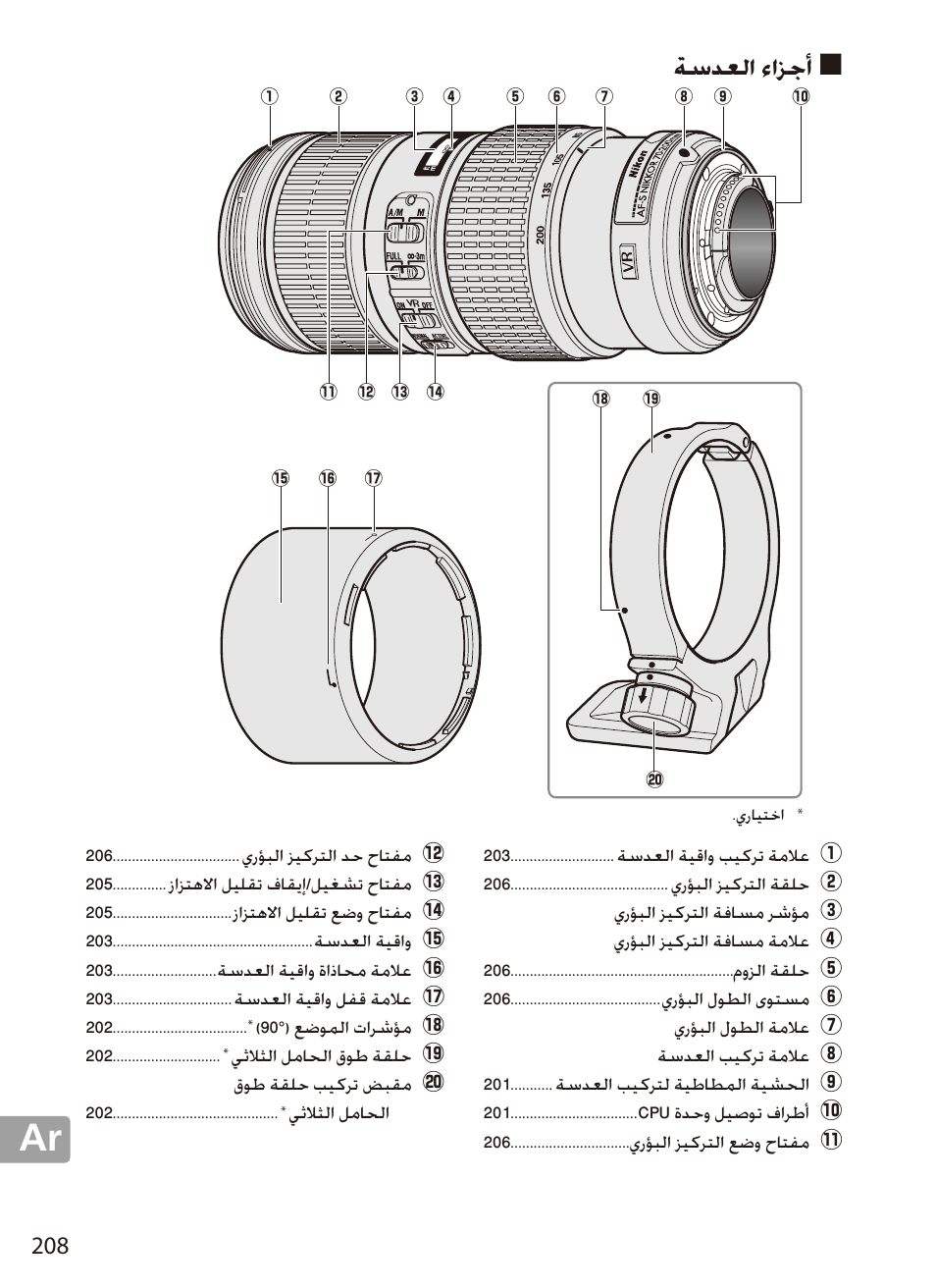 أجزاء العدسة, ةسدعلا ءازجأ | Nikon 70-200mm-f4G-ED-AF-S-VR-Zoom-Nikkor User Manual | Page 208 / 220