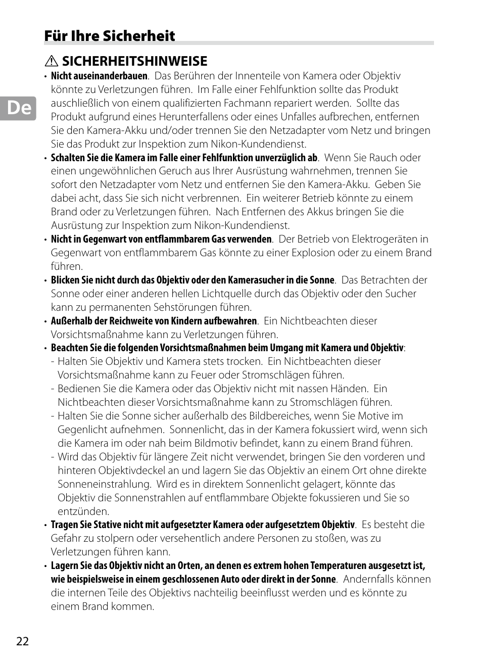 Für ihre sicherheit, Sicherheitshinweise | Nikon 70-200mm-f4G-ED-AF-S-VR-Zoom-Nikkor User Manual | Page 22 / 220