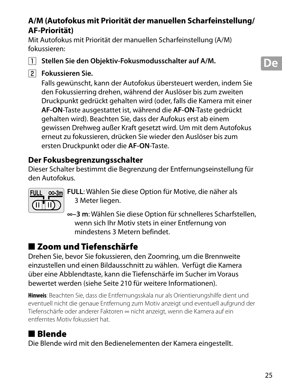 Der fokusbegrenzungsschalter, Zoom und tiefenschärfe, Blende | Nikon 70-200mm-f4G-ED-AF-S-VR-Zoom-Nikkor User Manual | Page 25 / 220