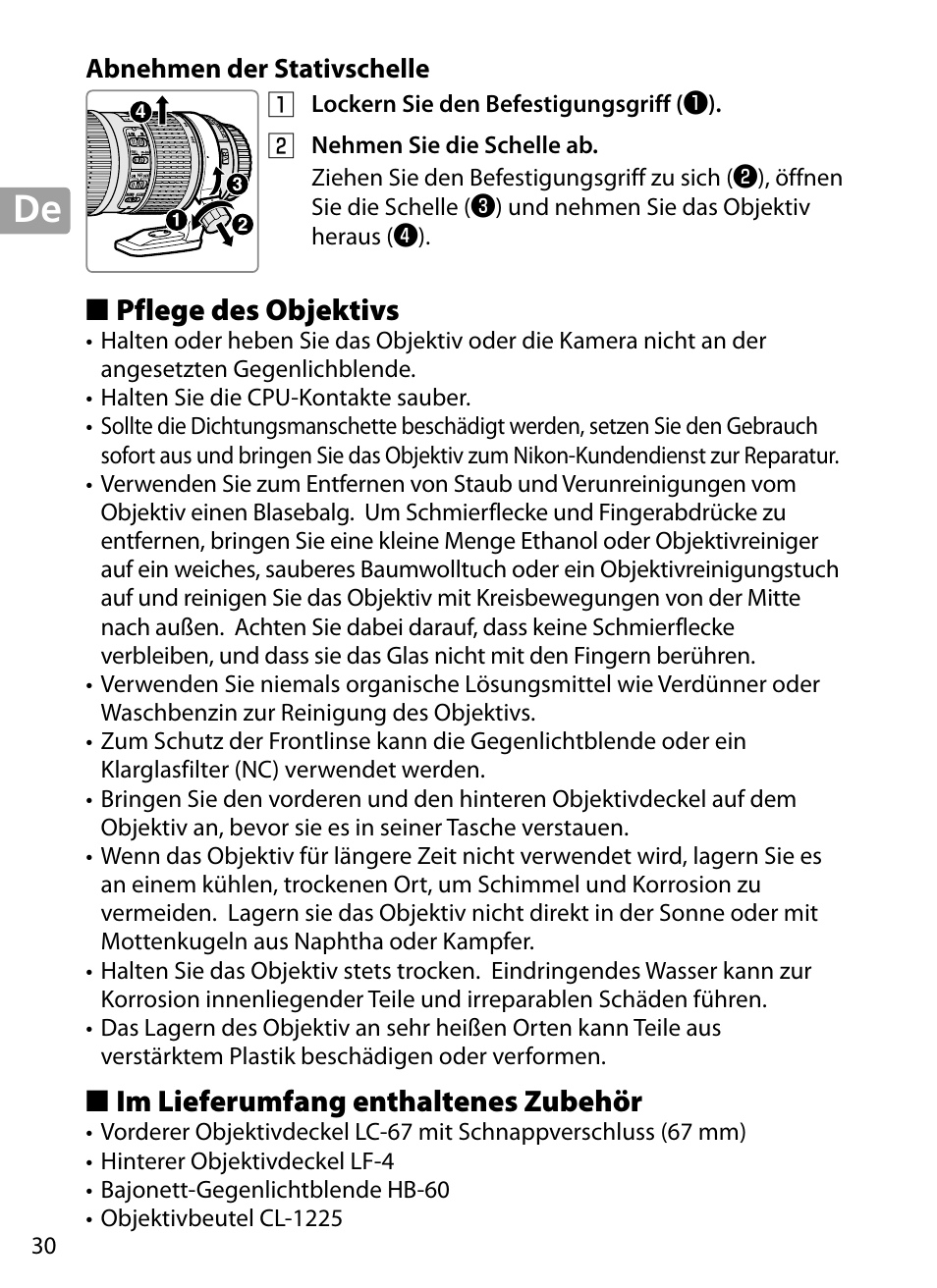 Abnehmen der stativschelle, Pflege des objektivs, Im lieferumfang enthaltenes zubehör | Nikon 70-200mm-f4G-ED-AF-S-VR-Zoom-Nikkor User Manual | Page 30 / 220