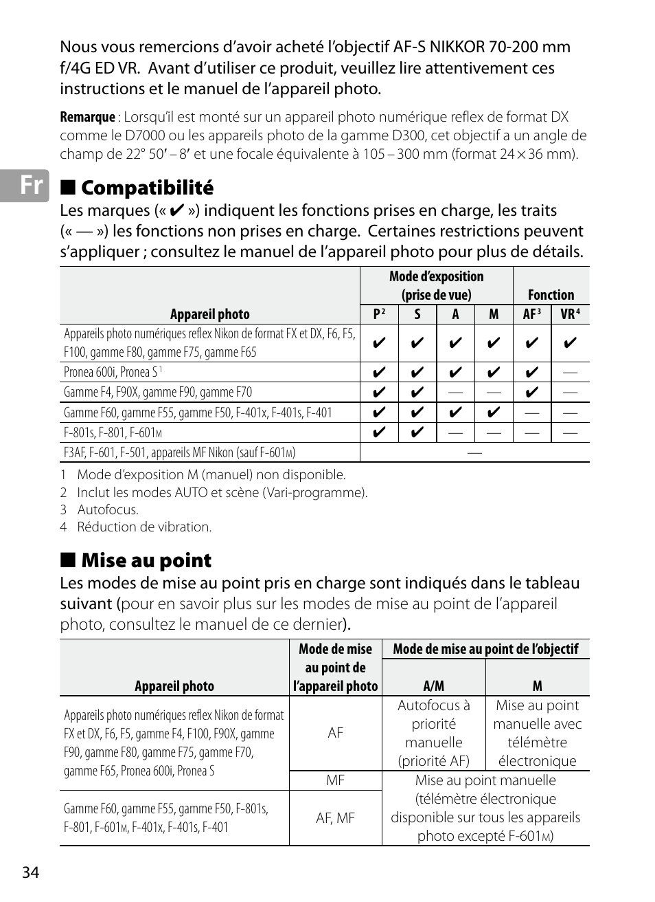 Compatibilité, Mise au point | Nikon 70-200mm-f4G-ED-AF-S-VR-Zoom-Nikkor User Manual | Page 34 / 220