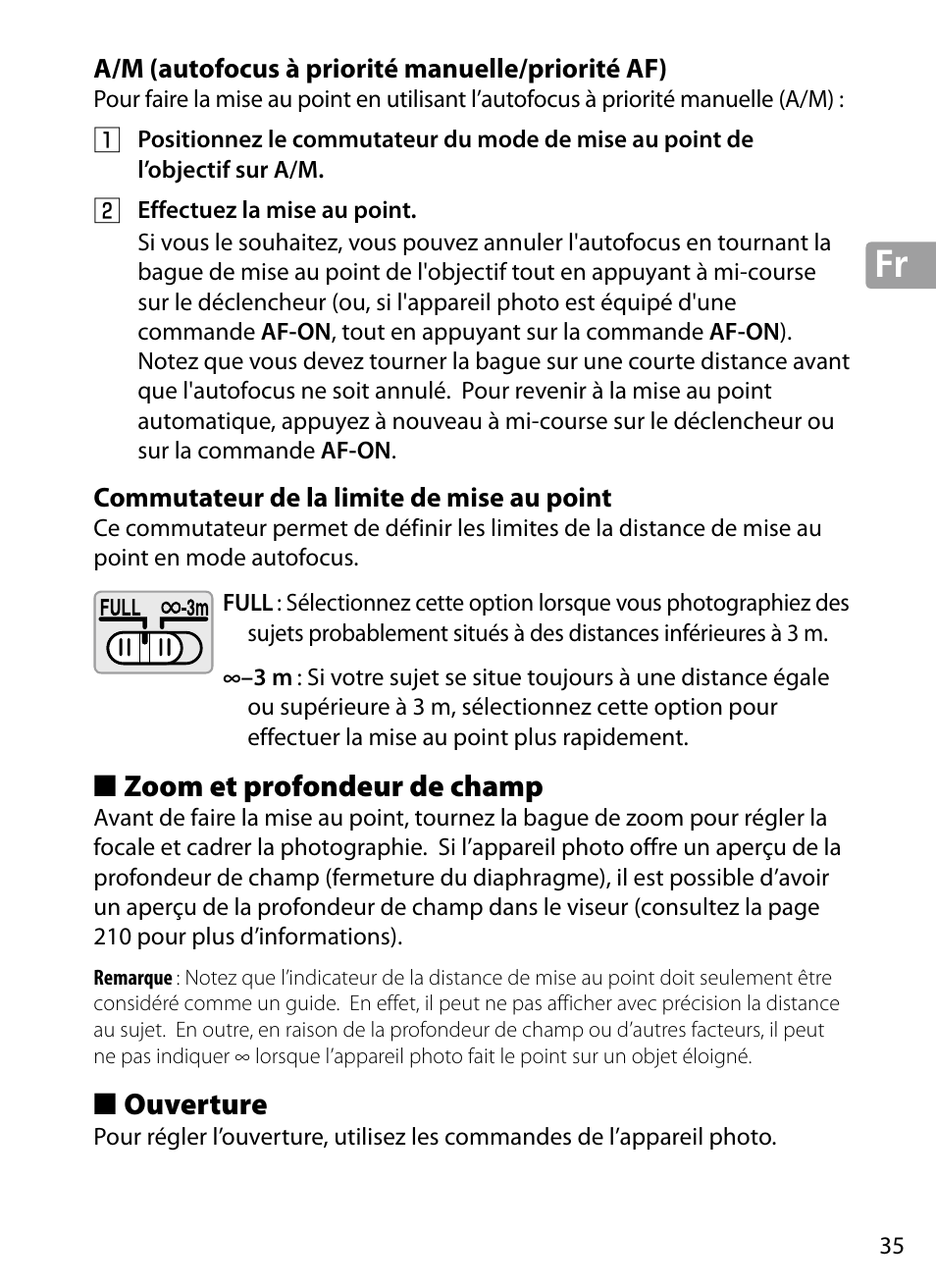 A/m (autofocus à priorité manuelle/priorité af), Commutateur de la limite de mise au point, Zoom et profondeur de champ | Ouverture | Nikon 70-200mm-f4G-ED-AF-S-VR-Zoom-Nikkor User Manual | Page 35 / 220
