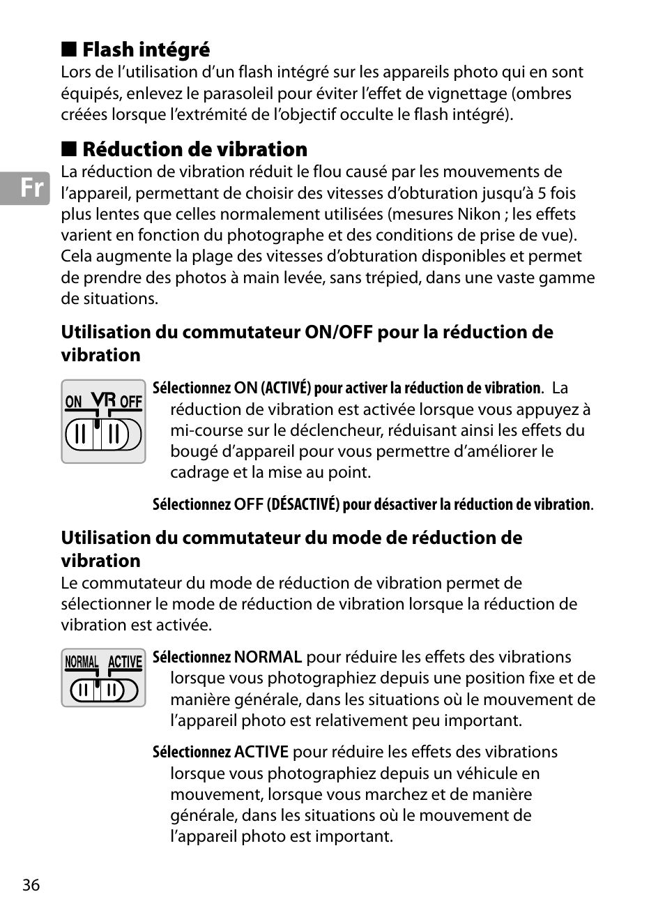 Flash intégré, Réduction de vibration | Nikon 70-200mm-f4G-ED-AF-S-VR-Zoom-Nikkor User Manual | Page 36 / 220