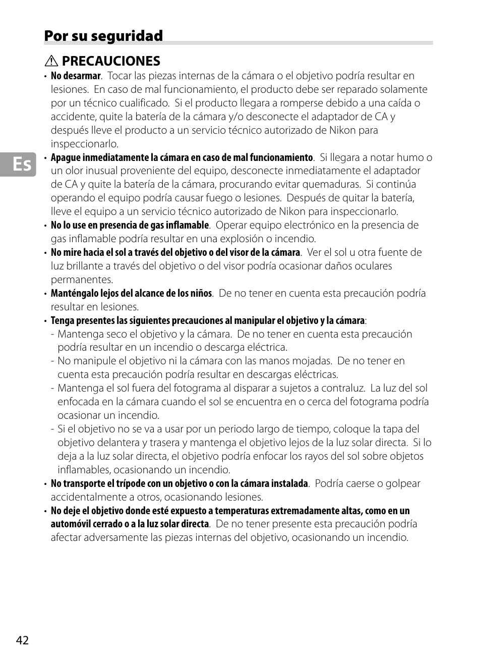 Por su seguridad, Precauciones | Nikon 70-200mm-f4G-ED-AF-S-VR-Zoom-Nikkor User Manual | Page 42 / 220