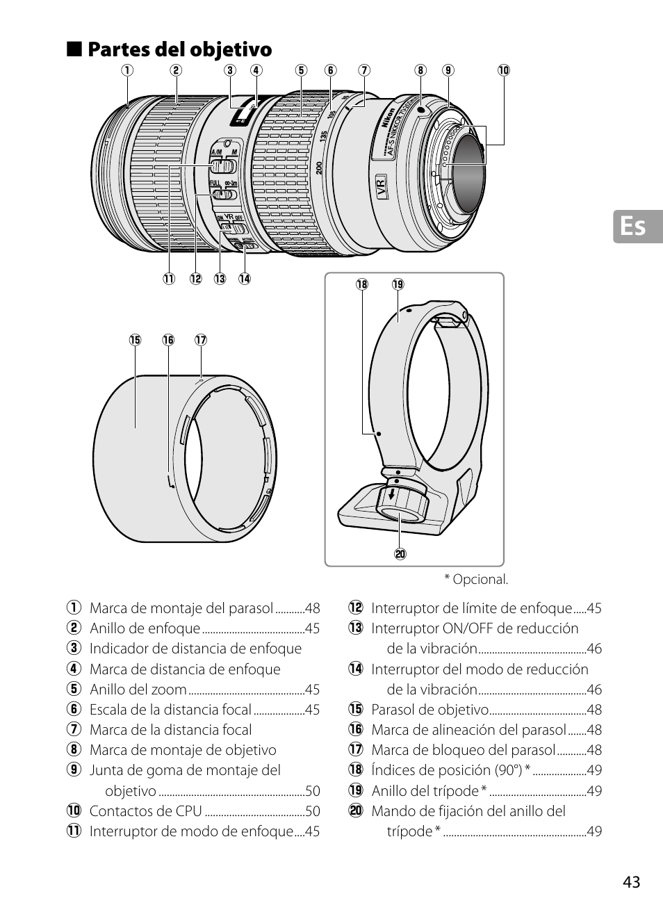 Partes del objetivo, 3 es_03 | Nikon 70-200mm-f4G-ED-AF-S-VR-Zoom-Nikkor User Manual | Page 43 / 220