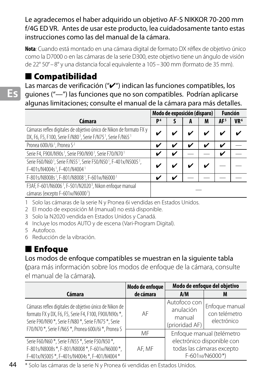 Compatibilidad, Enfoque, Es_03 | Nikon 70-200mm-f4G-ED-AF-S-VR-Zoom-Nikkor User Manual | Page 44 / 220