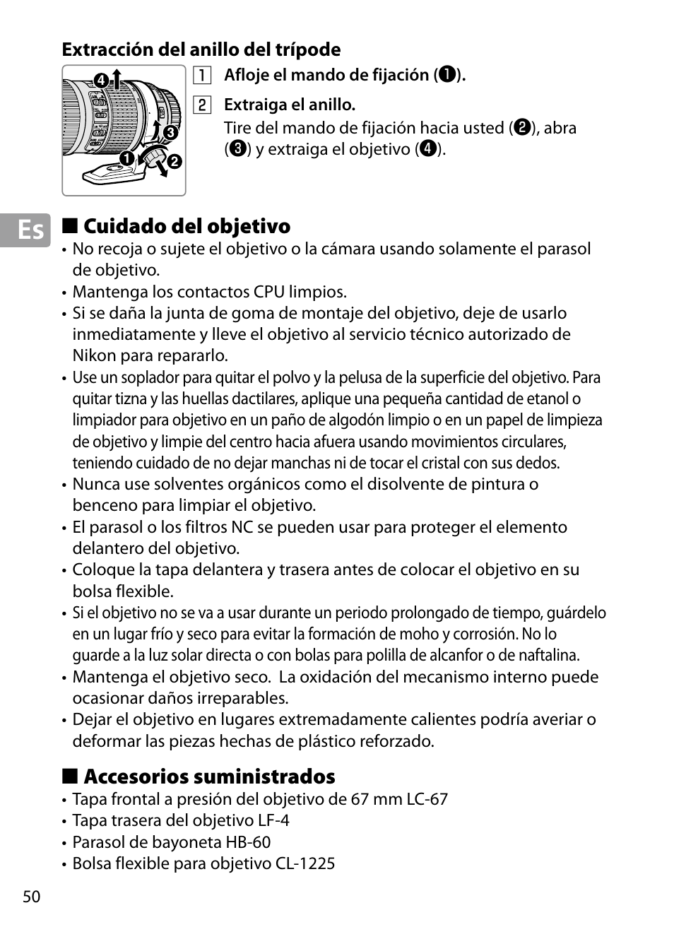 Extracción del anillo del trípode, Cuidado del objetivo, Accesorios suministrados | Nikon 70-200mm-f4G-ED-AF-S-VR-Zoom-Nikkor User Manual | Page 50 / 220