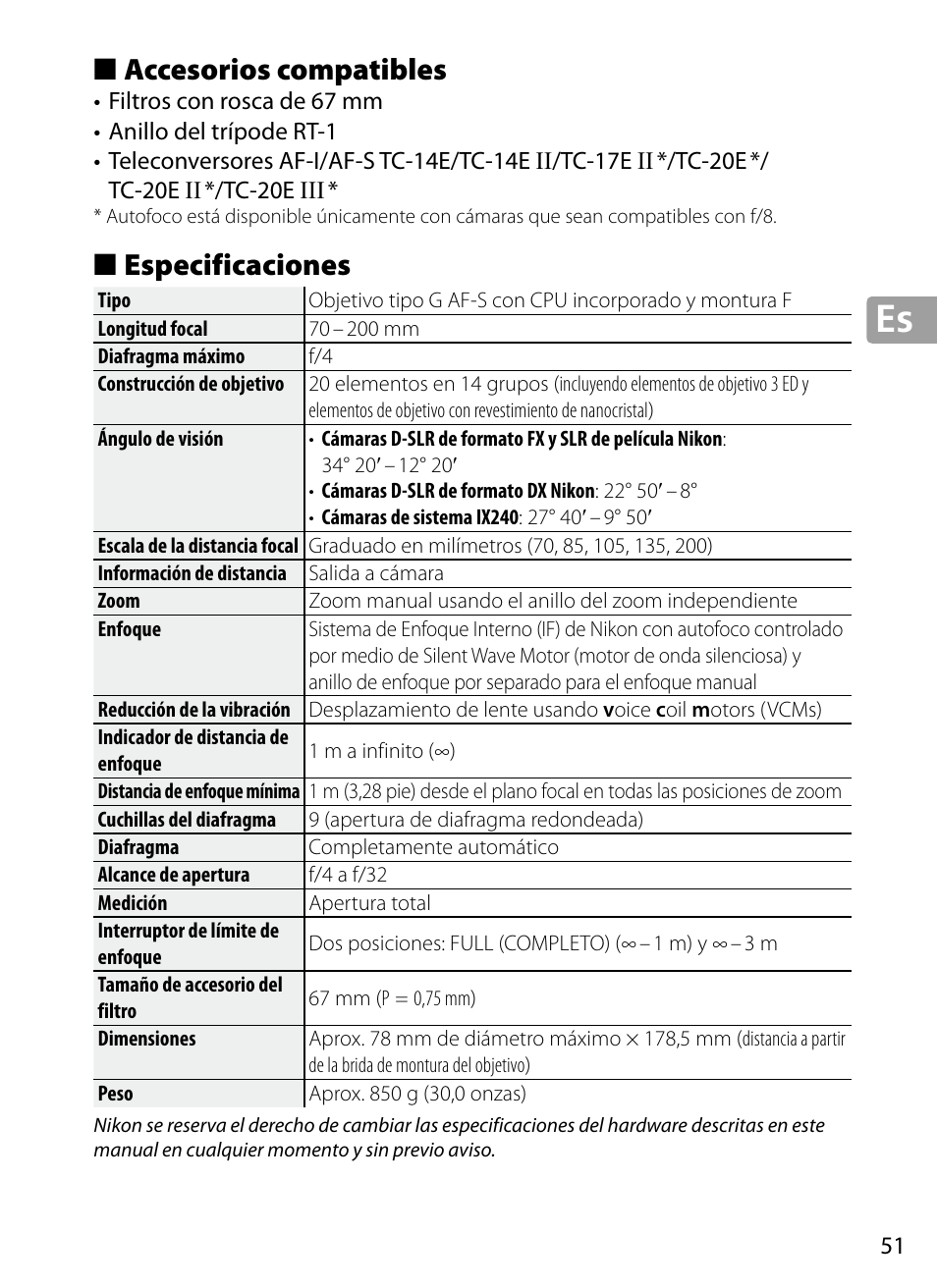 Accesorios compatibles, Especificaciones | Nikon 70-200mm-f4G-ED-AF-S-VR-Zoom-Nikkor User Manual | Page 51 / 220