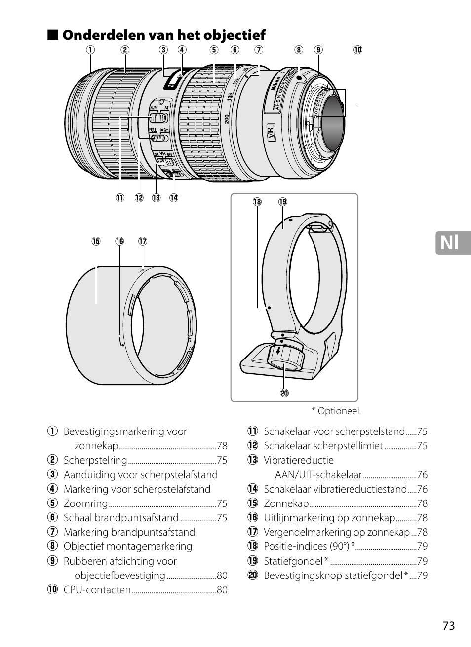 Onderdelen van het objectief, 3 nl_03 | Nikon 70-200mm-f4G-ED-AF-S-VR-Zoom-Nikkor User Manual | Page 73 / 220