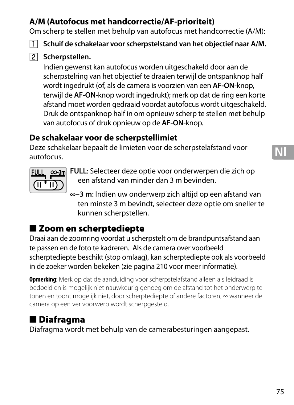 A/m (autofocus met handcorrectie/af-prioriteit), De schakelaar voor de scherpstellimiet, Zoom en scherptediepte | Diafragma | Nikon 70-200mm-f4G-ED-AF-S-VR-Zoom-Nikkor User Manual | Page 75 / 220