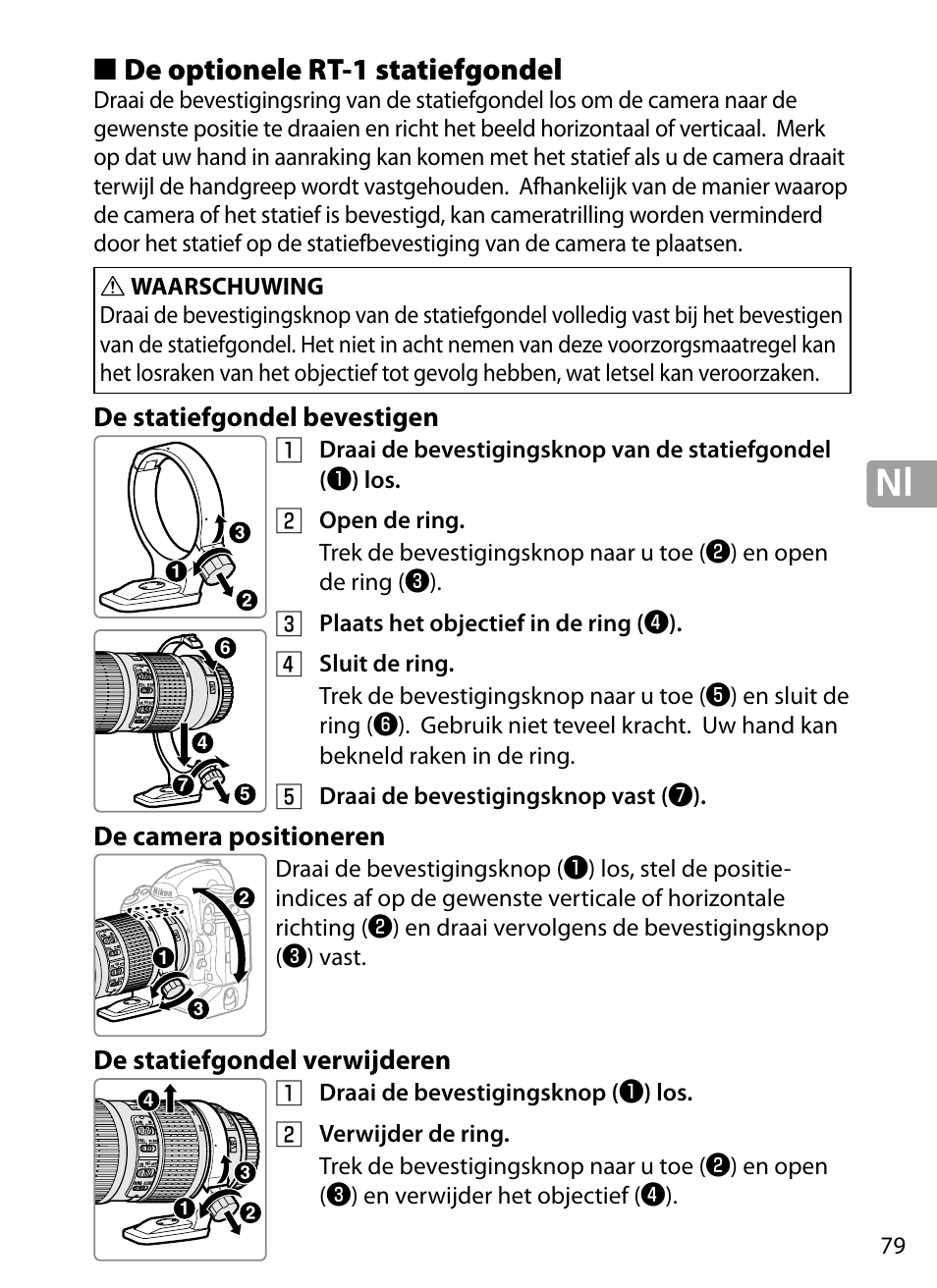 De optionele rt‑1 statiefgondel, De statiefgondel bevestigen, De camera positioneren | De statiefgondel verwijderen, De optionele rt-1 statiefgondel | Nikon 70-200mm-f4G-ED-AF-S-VR-Zoom-Nikkor User Manual | Page 79 / 220