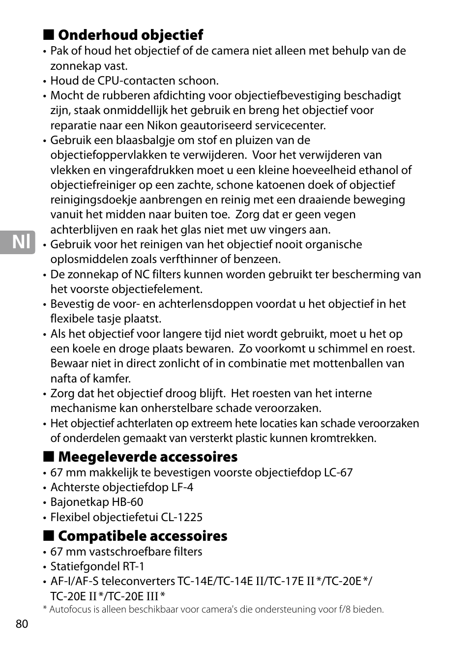 Onderhoud objectief, Meegeleverde accessoires, Compatibele accessoires | Nikon 70-200mm-f4G-ED-AF-S-VR-Zoom-Nikkor User Manual | Page 80 / 220