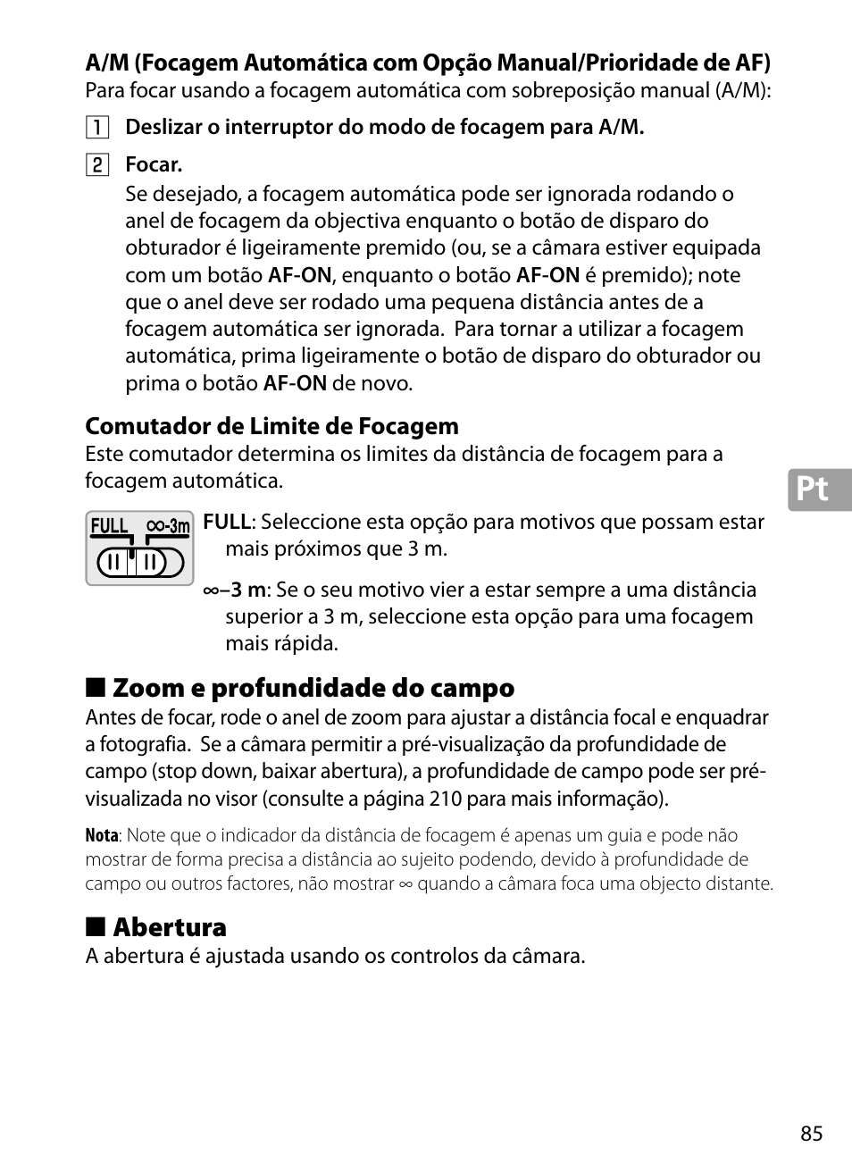 Comutador de limite de focagem, Zoom e profundidade do campo, Abertura | Nikon 70-200mm-f4G-ED-AF-S-VR-Zoom-Nikkor User Manual | Page 85 / 220