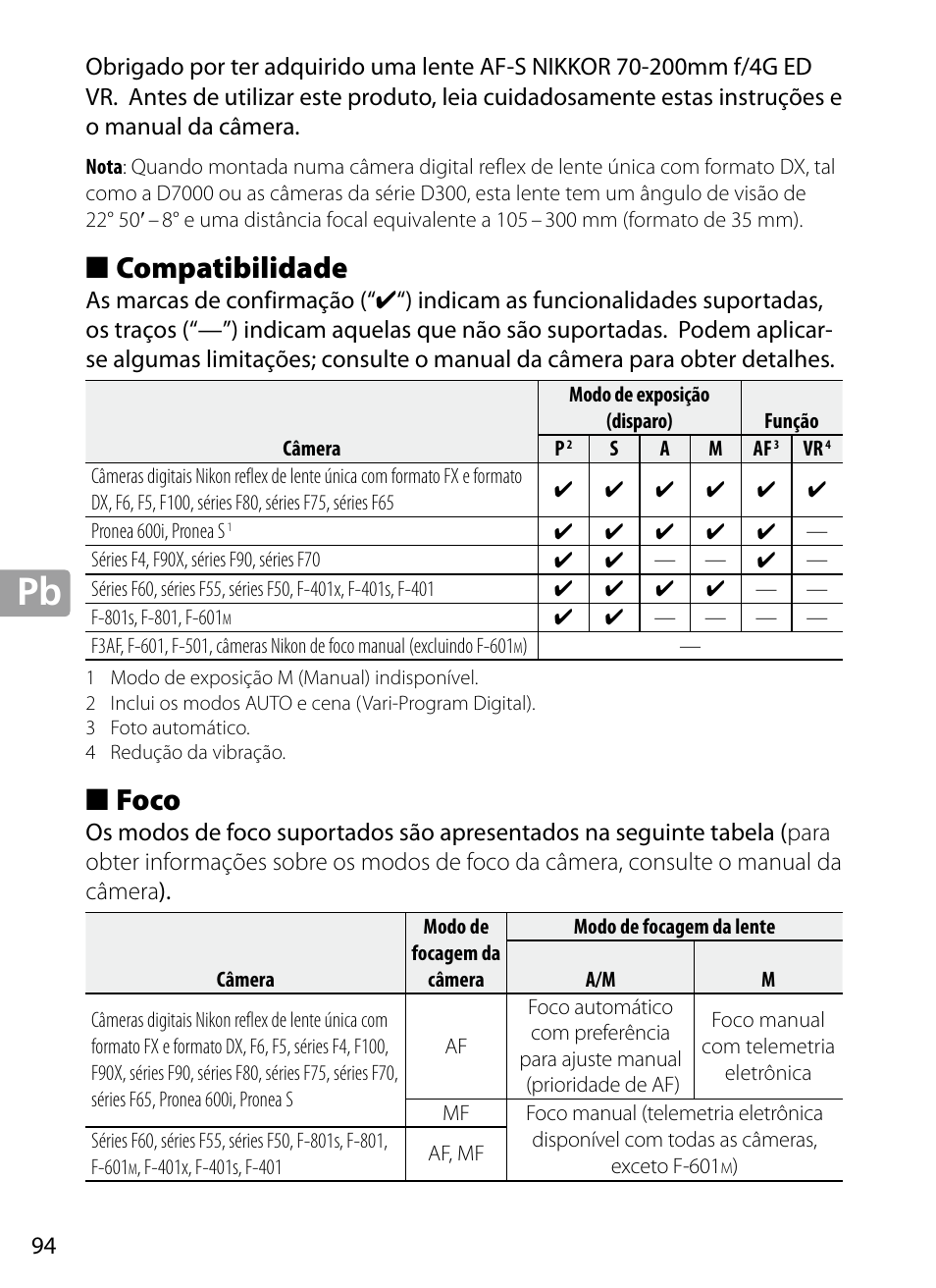 Compatibilidade, Foco | Nikon 70-200mm-f4G-ED-AF-S-VR-Zoom-Nikkor User Manual | Page 94 / 220