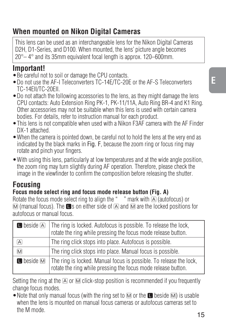 When mounted on nikon digital cameras important, Focusing | Nikon 80-400mm-f-45-56D-ED-AF-VR-Zoom-Nikkor User Manual | Page 15 / 72