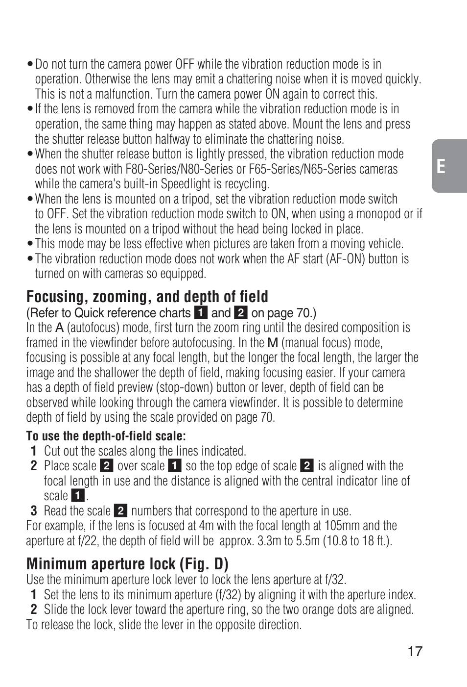 Focusing, zooming, and depth of field, Minimum aperture lock (fig. d) | Nikon 80-400mm-f-45-56D-ED-AF-VR-Zoom-Nikkor User Manual | Page 17 / 72