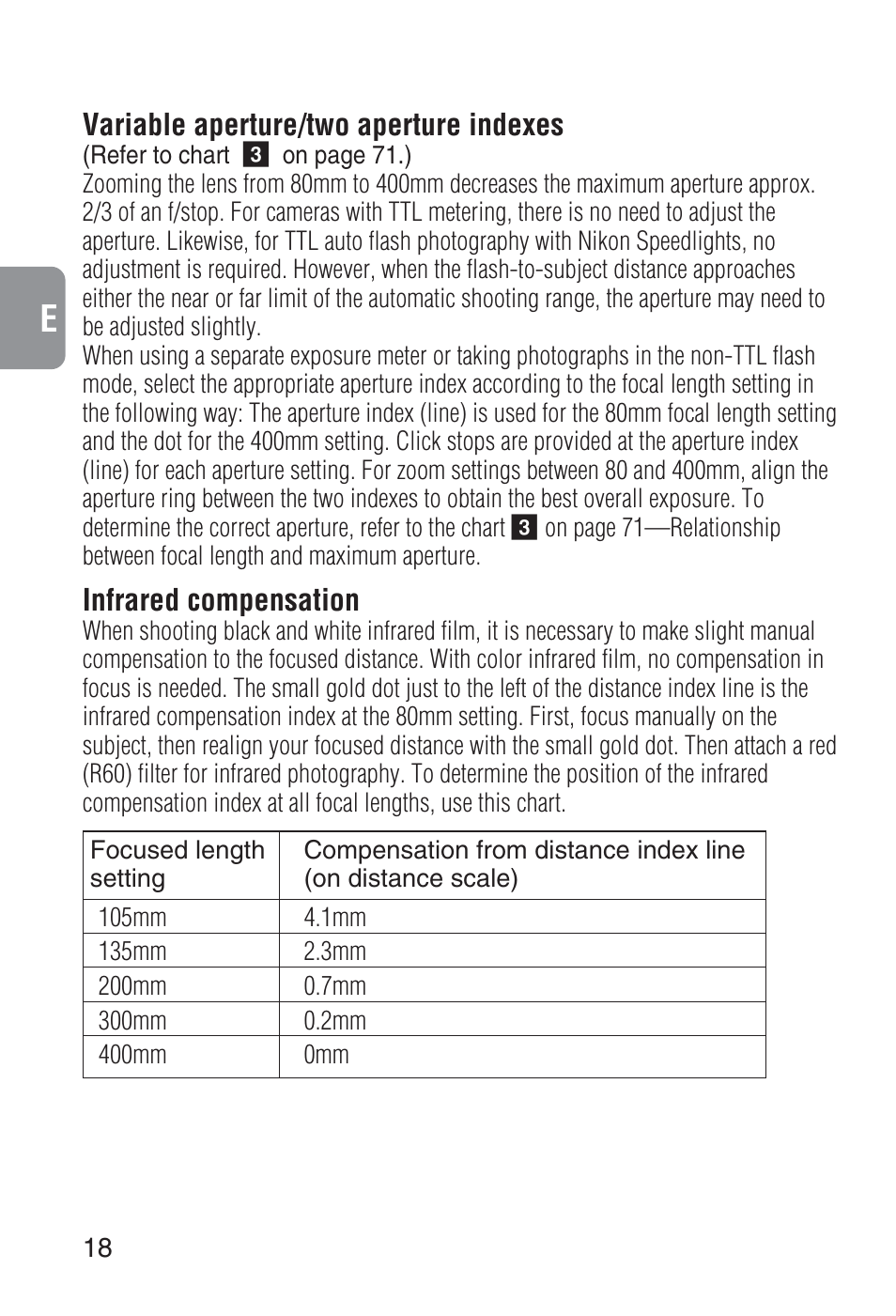 Variable aperture/two aperture indexes, Infrared compensation | Nikon 80-400mm-f-45-56D-ED-AF-VR-Zoom-Nikkor User Manual | Page 18 / 72