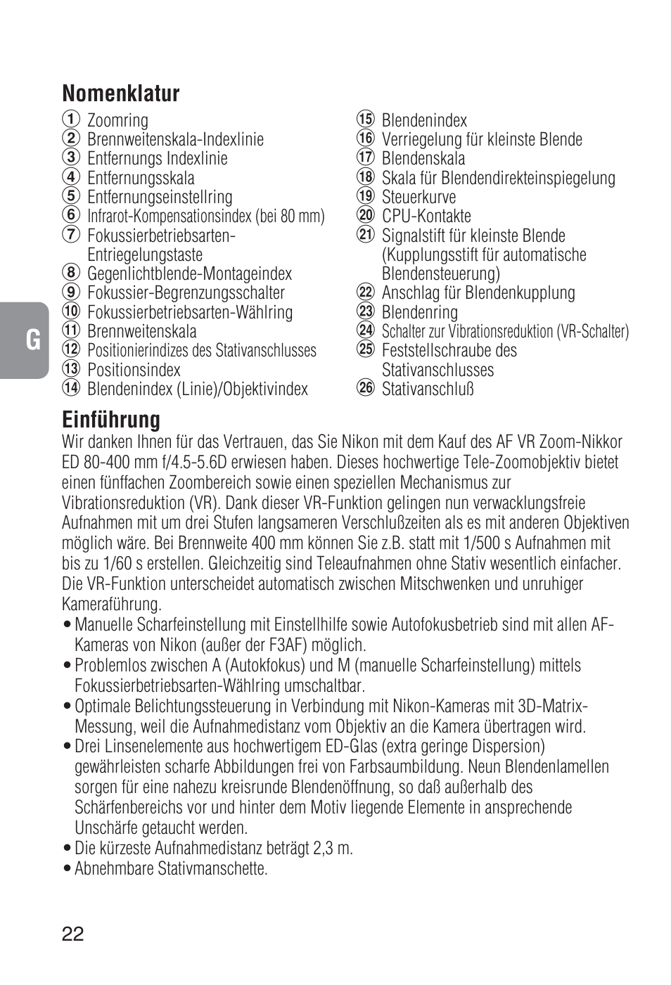 Einführung, Nomenklatur | Nikon 80-400mm-f-45-56D-ED-AF-VR-Zoom-Nikkor User Manual | Page 22 / 72