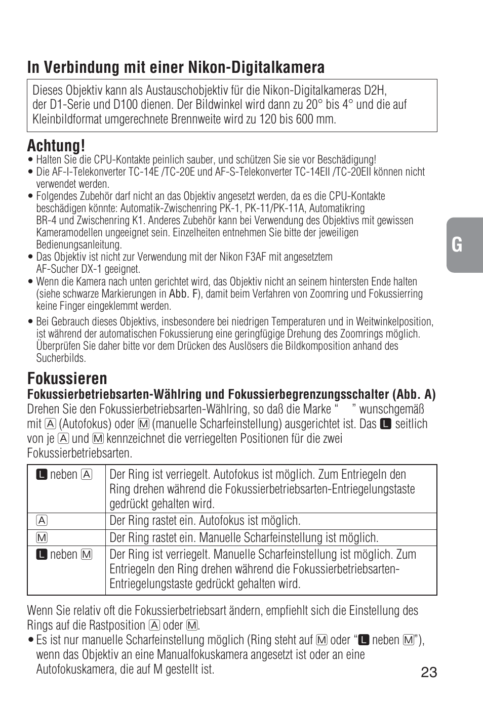 Fokussieren | Nikon 80-400mm-f-45-56D-ED-AF-VR-Zoom-Nikkor User Manual | Page 23 / 72