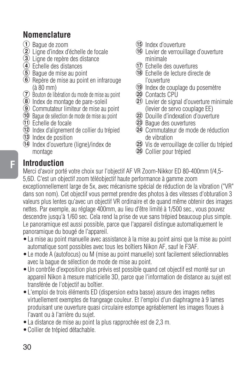 Introduction, Nomenclature | Nikon 80-400mm-f-45-56D-ED-AF-VR-Zoom-Nikkor User Manual | Page 30 / 72