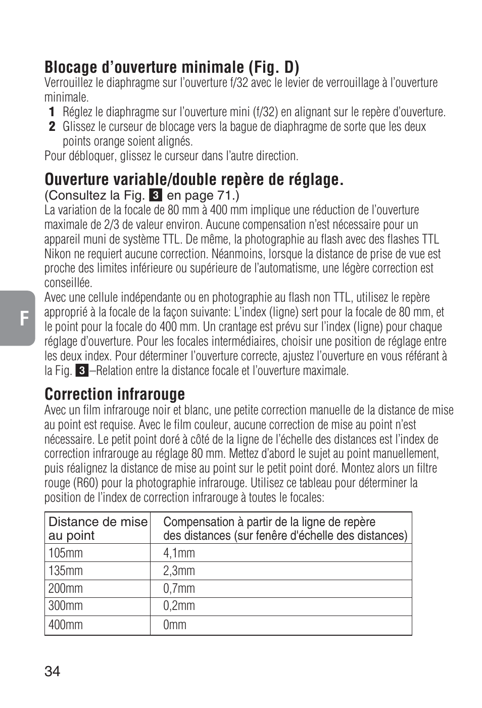 Blocage d’ouverture minimale (fig. d), Ouverture variable/double repère de réglage, Correction infrarouge | Nikon 80-400mm-f-45-56D-ED-AF-VR-Zoom-Nikkor User Manual | Page 34 / 72