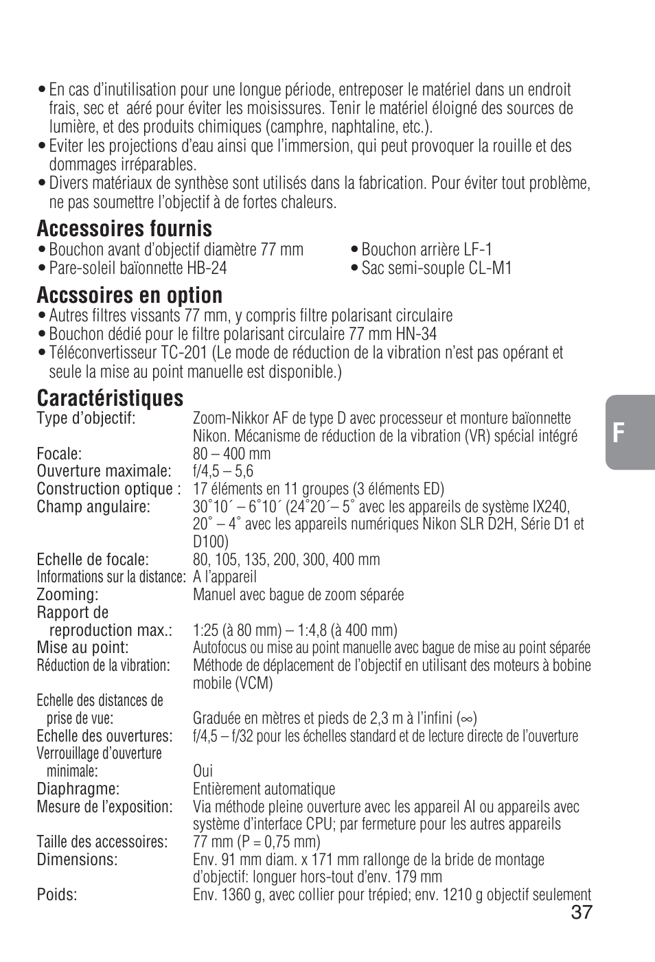 Accessoires fournis, Accssoires en option, Caractéristiques | Nikon 80-400mm-f-45-56D-ED-AF-VR-Zoom-Nikkor User Manual | Page 37 / 72