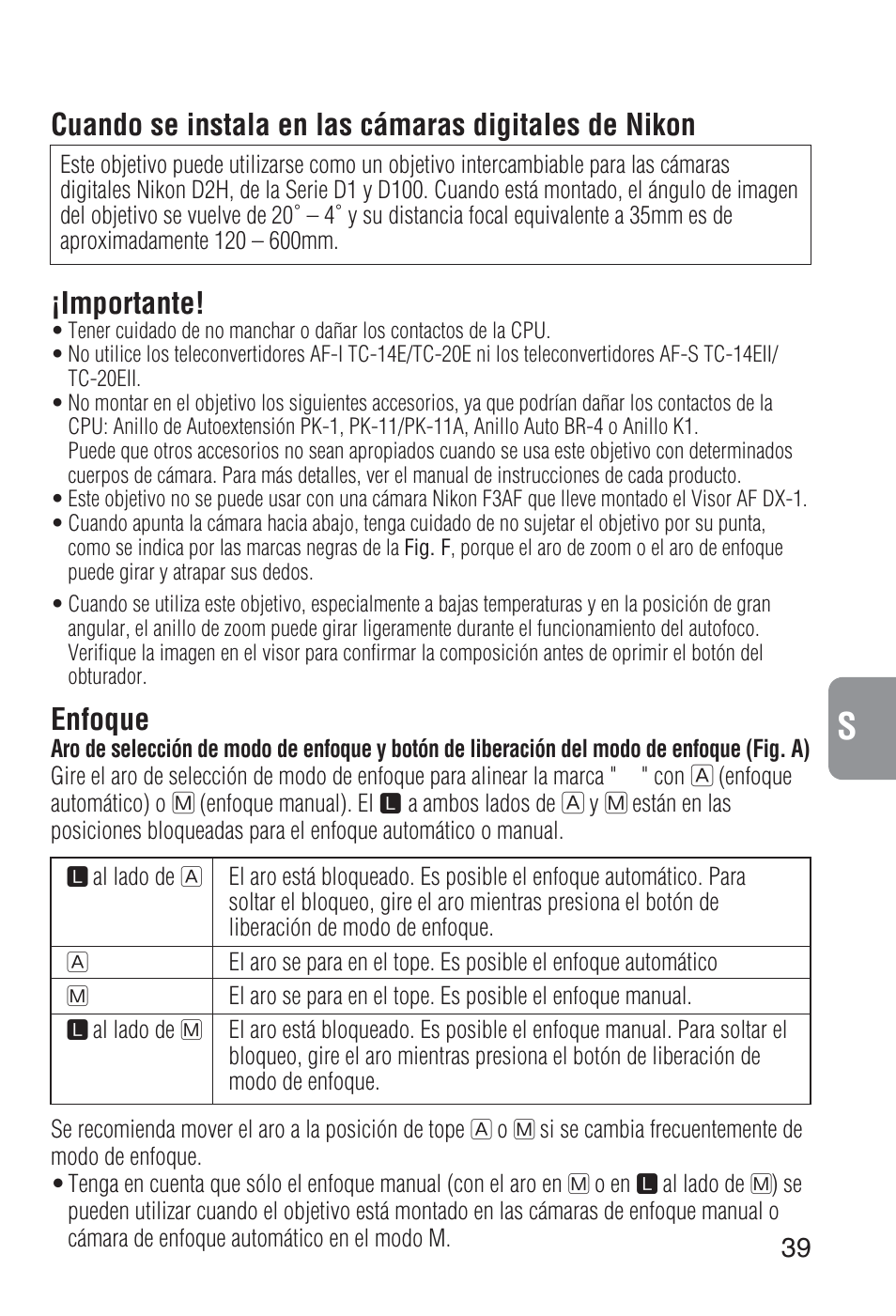 Enfoque | Nikon 80-400mm-f-45-56D-ED-AF-VR-Zoom-Nikkor User Manual | Page 39 / 72