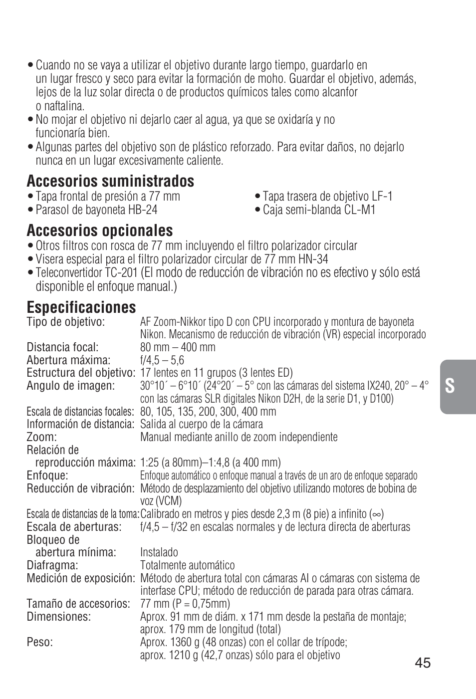 Accesorios suministrados, Accesorios opcionales, Especificaciones | Nikon 80-400mm-f-45-56D-ED-AF-VR-Zoom-Nikkor User Manual | Page 45 / 72