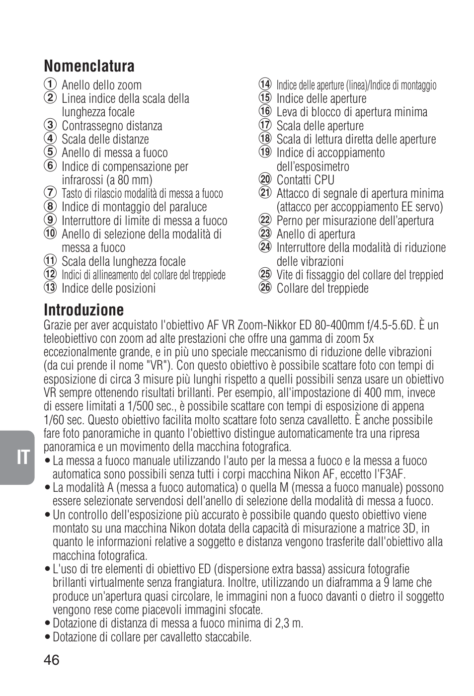 Introduzione, Nomenclatura | Nikon 80-400mm-f-45-56D-ED-AF-VR-Zoom-Nikkor User Manual | Page 46 / 72