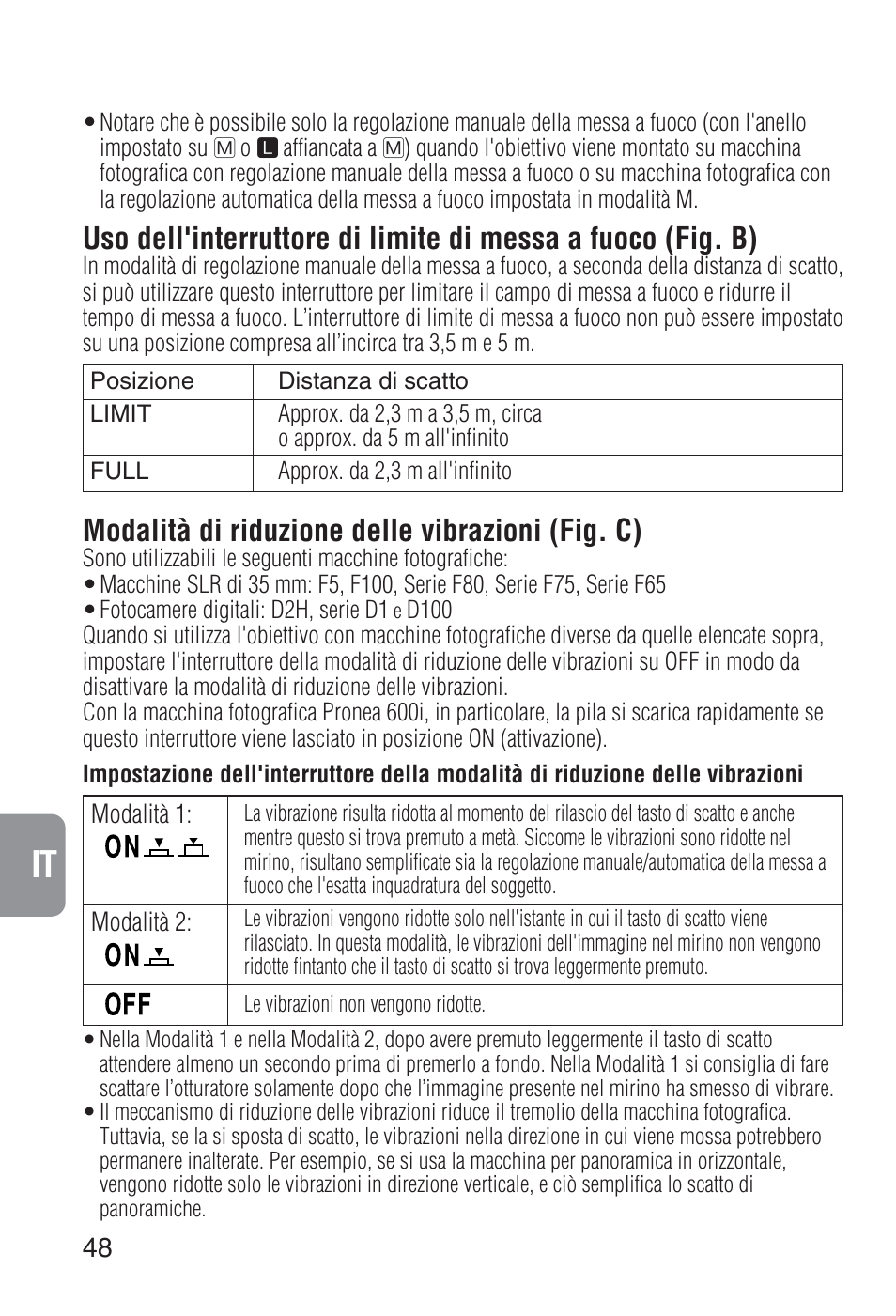 Modalità di riduzione delle vibrazioni (fig. c) | Nikon 80-400mm-f-45-56D-ED-AF-VR-Zoom-Nikkor User Manual | Page 48 / 72